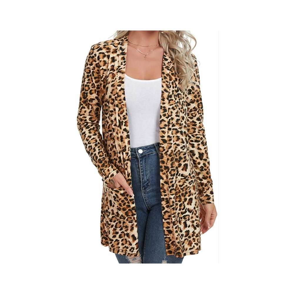Women's Casual Leopard Printed Cardigans Long Sleeve Cover Up with Pockets